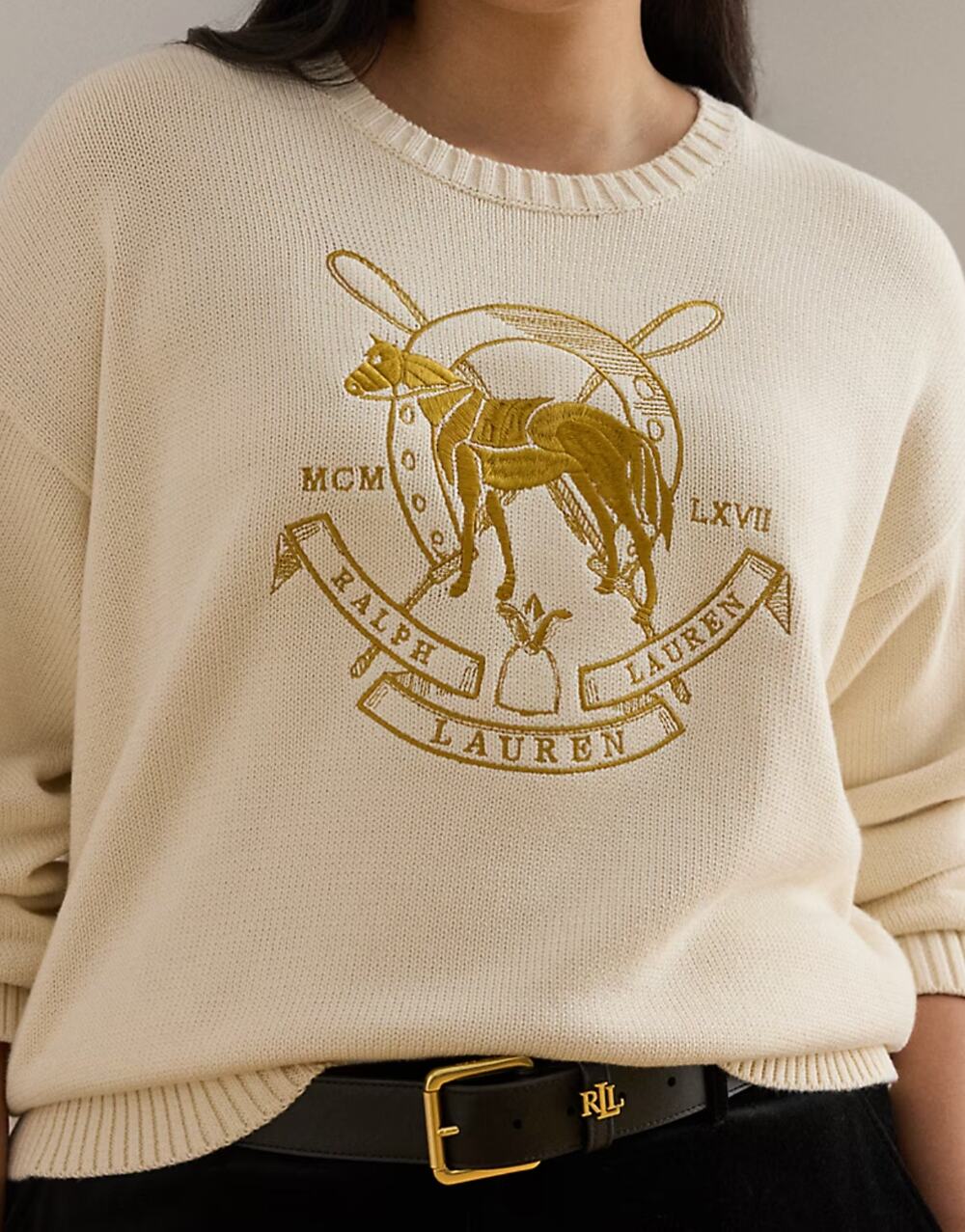 LAUREN BY RALPH LAUREN Embroidered Equestrian Cotton Crewneck Sweater Size XSP